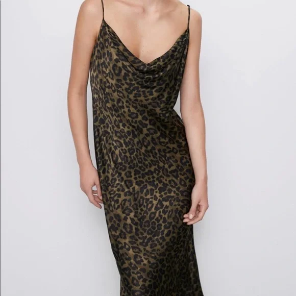 ZARA Cowl Neck Leopard Satin Slip Dress